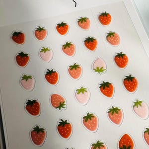May include: A sheet of stickers featuring a variety of strawberry designs. The strawberries are in shades of pink, red, and green. The sheet is labeled "mini series".