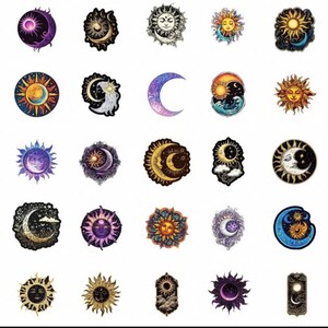 May include: A collection of celestial-themed stickers featuring suns, moons, and stars in various designs. The stickers showcase a range of colors, including gold, purple, blue, and orange, with intricate details and artistic styles. The stickers are ideal for decorating various surfaces.