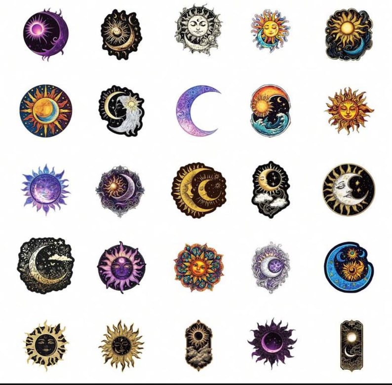 May include: A collection of celestial-themed stickers featuring suns, moons, and stars in various designs. The stickers showcase a range of colors, including gold, purple, blue, and orange, with intricate details and artistic styles. The stickers are ideal for decorating various surfaces.