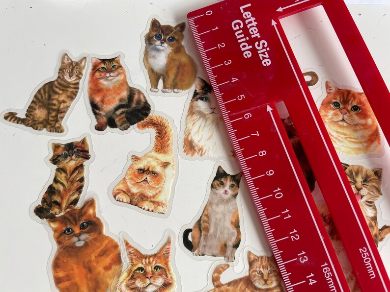 K&ouml;nnte beinhalten: Eine Blatt mit bunten Katzenaufklebern mit einem Lineal zum Gr&ouml;&szlig;envergleich. Das Lineal ist in Millimetern und Zoll gekennzeichnet. Die Aufkleber zeigen verschiedene Katzenrassen in verschiedenen Posen.