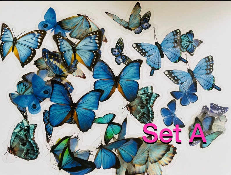 May include: A set of blue butterfly stickers with a clear background. The stickers are arranged in a random pattern and feature different sizes and wing shapes. The text "Set A" is visible in the bottom right corner of the image.