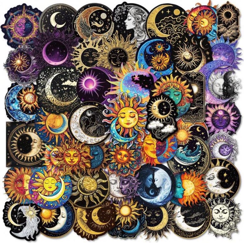 May include: A collection of celestial-themed stickers featuring suns, moons, and stars in various designs. The stickers showcase a mix of colors, including gold, purple, blue, and yellow, with detailed illustrations and artistic styles. The stickers are round and oval.