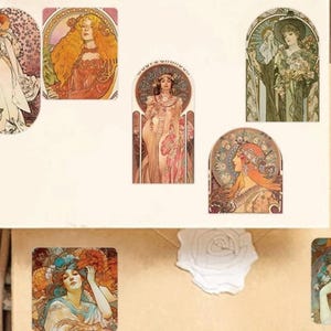 10 Mucha Art Nouveau winylowe naklejki, sztuka kobieca,, Scrapbook, Journaling, Diary Sticker, Bullet Journal Stickers, secesja