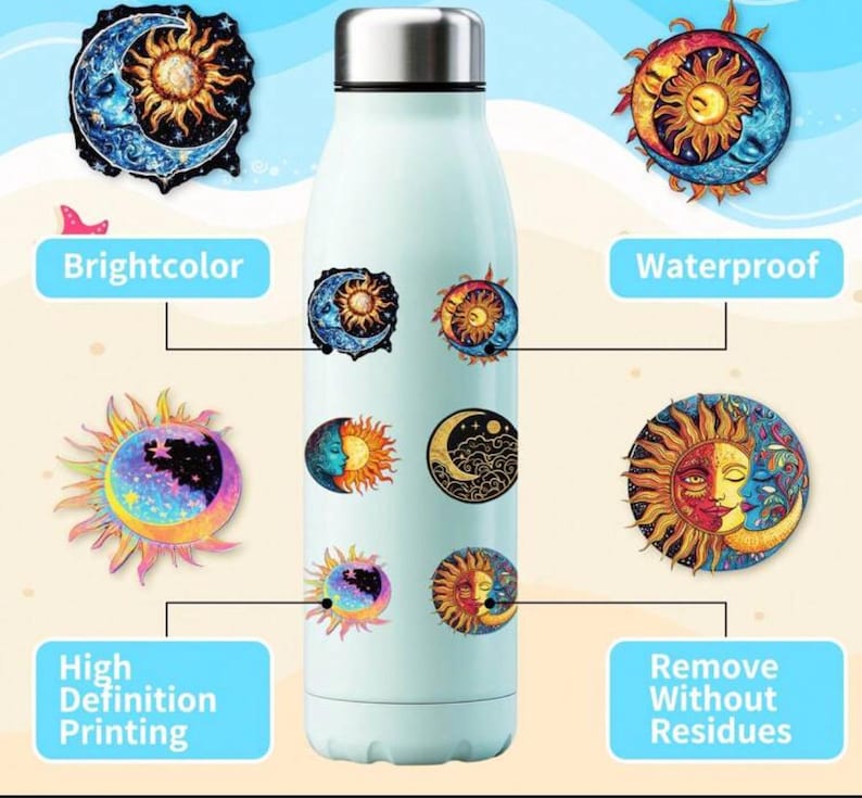 May include: A light blue water bottle with a silver cap, adorned with colorful stickers featuring sun and moon designs. The stickers are labeled "Brightcolor", "Waterproof", "High Definition Printing", and "Remove Without Residues".