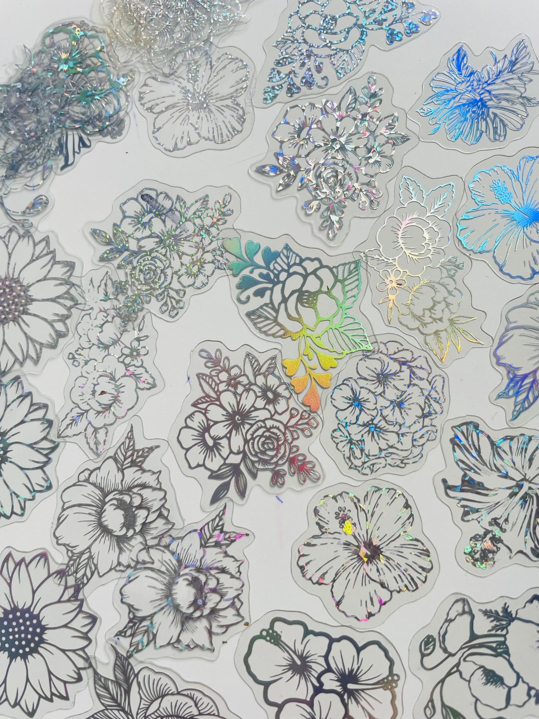 Silver Flower Sticker Sets of Silver Holographic Flower Stickers / Floral Holographic Golden ...