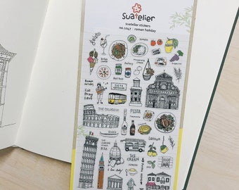 May include: A sticker sheet with illustrations of Italian landmarks and food, including the Colosseum, Leaning Tower of Pisa, pizza, gelato, and the text "Roman Holiday". The sticker sheet is rectangular with a yellow border.