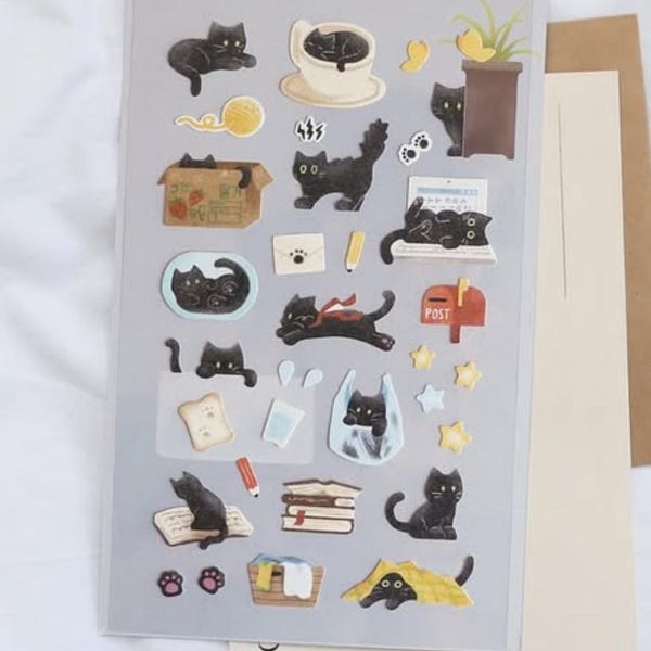 Suatelier stickers my little universe / kitty sticker set,  black cats , kawaii,  cute, black cat, cat’s catch sticker sheet, planner