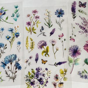 Folhas de adesivos de flores mistas | flor rosa | flor amarela | flores roxas | caule floral | pétala de florista | criação de cartão de diário