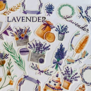 Juego de 10 pegatinas de lavanda púrpura, pegatinas lilas, pegatinas de ramo de flores silvestres, pegatinas de pensamiento, pegatinas florales hippie boho, pegatinas de peonía