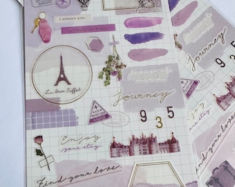 Lilac Paris themed stickers,  large vinyl sticker sheet, Paris night, Eiffel Tower, midnight in Paris,travel stickers, Bonjour s