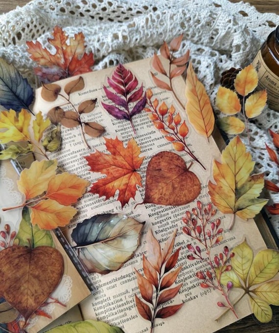 Set of leaf stickers, green leaves, orange leaves, plant stickers, bullet journal stickers, autumn leaves