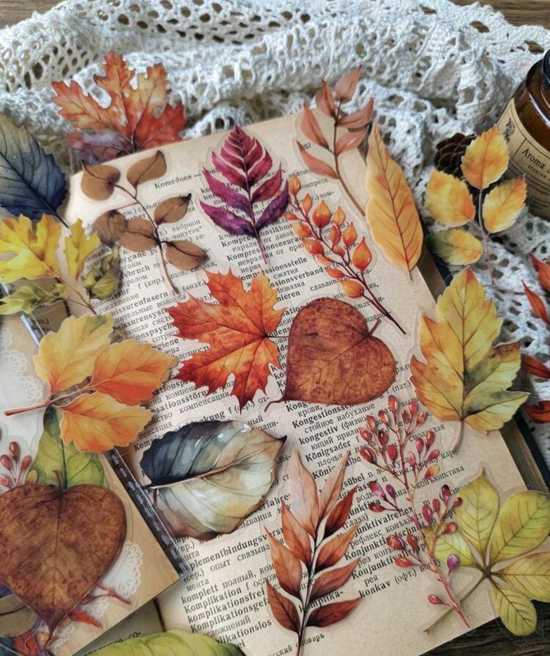 Puede incluir: Una colecci&oacute;n de pegatinas de hojas coloridas, estilo acuarela, en tonos naranja, amarillo, rojo y marr&oacute;n. Las hojas est&aacute;n dispuestas sobre un libro abierto con texto vintage, evocando un tema oto&ntilde;al. Un tapete de encaje y un tarro est&aacute;n en el fondo.