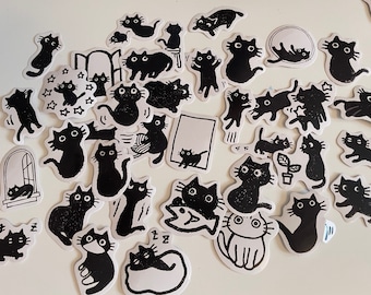 Zwarte kat stickers, planner stickers, dagboek stickers, kaarten maken, Koreaanse stickers, kleine ambachtelijke stickers, scrapbooking aanbod, zwarte kat cadeau