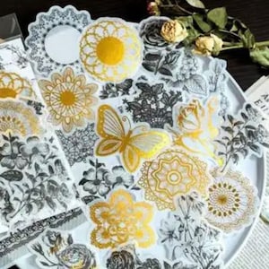 10 Black and white gold Flower Sticker Pack | Waterproof Reusable Set | Clear backed | Realistic | Floral Stem | Florist Petal | Journal