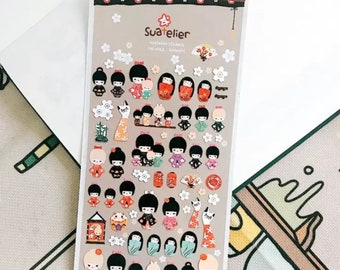 Suatelier Kokeshi Geisha, Japanese character, oriental themed Fun, cute whimsical sticker sheet