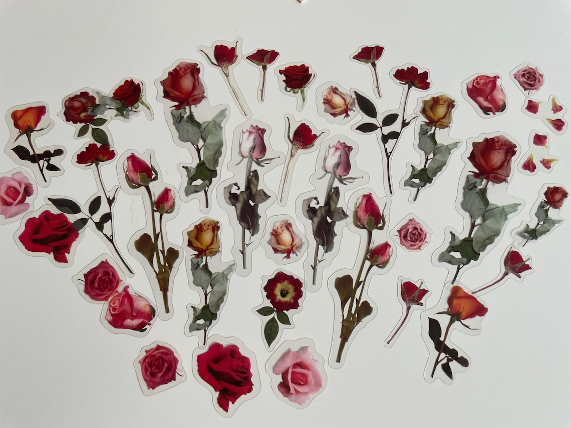 Red Roses Aesthetic Stickers Red Rose Pink Flowers Sticker Set, Rose Stickers, Wild Flower Bouquet ...