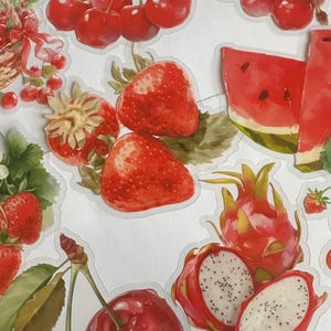 Set di adesivi di frutta mista, adesivi di bacche, adesivi di frutta, adesivi di fragole, adesivi di frutti di bosco, prugna, mela, lampone, albicocca, fiori