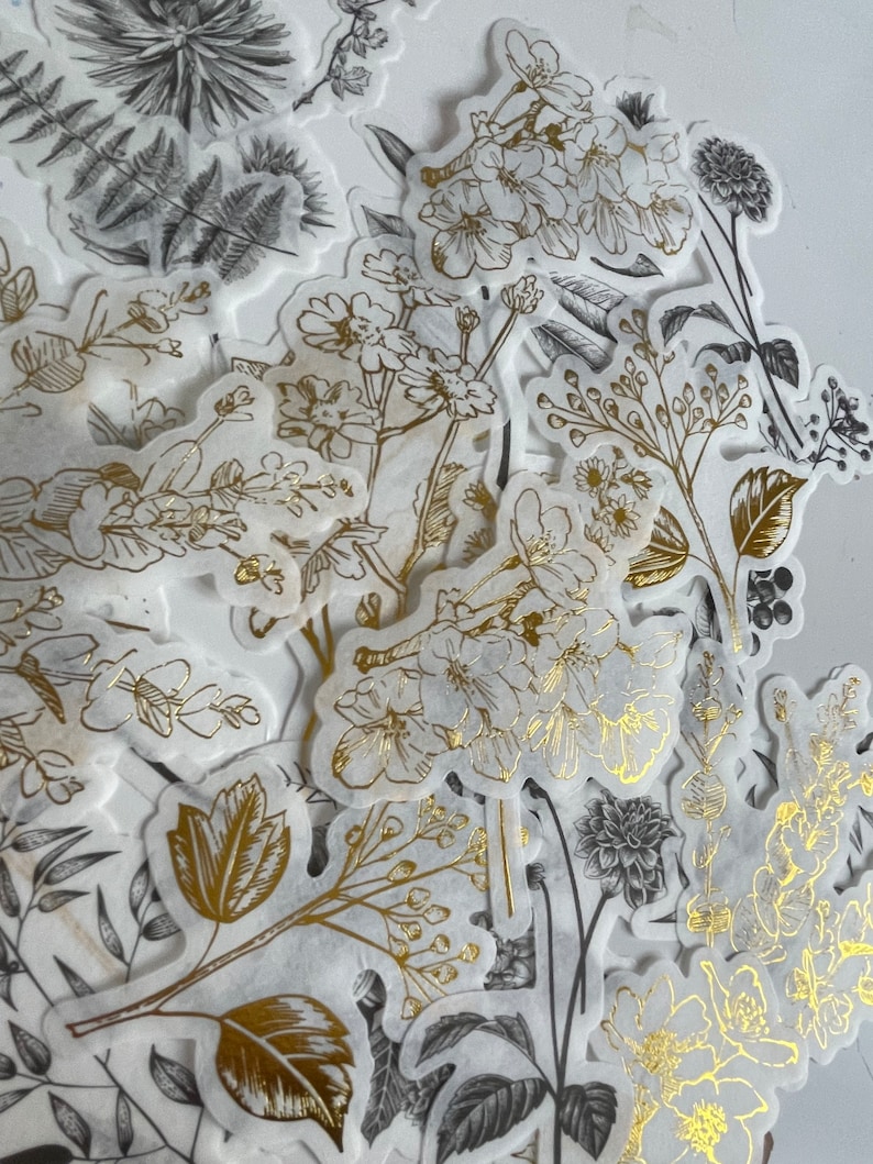 10 Black and White Gold Flower Sticker Pack | Paper Stickers, Gold ...