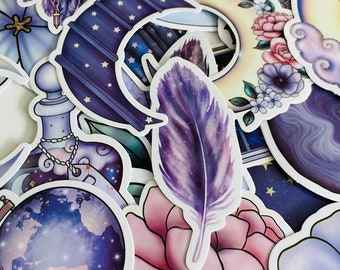 Sets of LARGE purple pastel moon star stickers / celestial / lilac / sky and cloud stickers / planner stickers / witch stickers