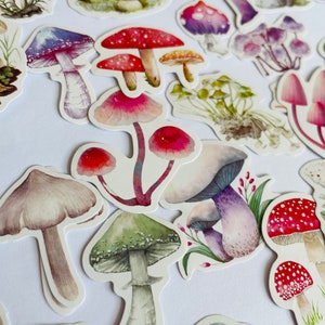 May include: A collection of colorful mushroom stickers with various designs, including red and white polka dot mushrooms, green mushrooms with white spots, and purple mushrooms with white stems.
