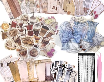 Confezione di carta da 290 adesivi estetici per scrapbooking, kit di forniture per diario con fiori decorativi retrò fai da te per diario di album