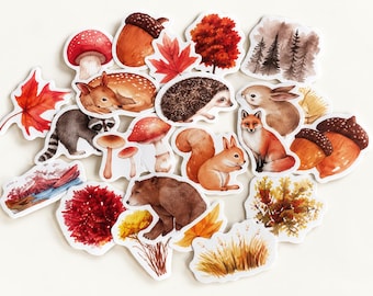 May include: A collection of die-cut stickers featuring watercolor illustrations of woodland animals including a deer, hedgehog, rabbit, fox, squirrel, bear, and raccoon, alongside autumn elements like mushrooms, acorns, and fall foliage.