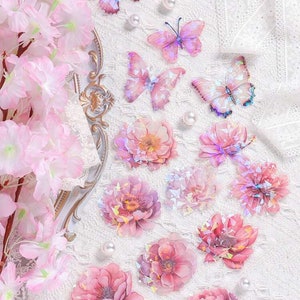 Juego de pegatinas de flores bonitas, pegatinas holográficas de flores rosas, pegatinas de mariposas, pegatinas florales hippies y bohemias, pegatinas de flores de pradera