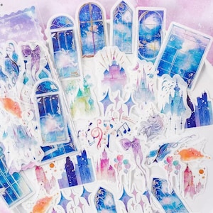 Sets of Pretty whimsical gothic crystal/ healing / castle / fairytale / blue / purple deco stickers. Bullet journal / craft stickers