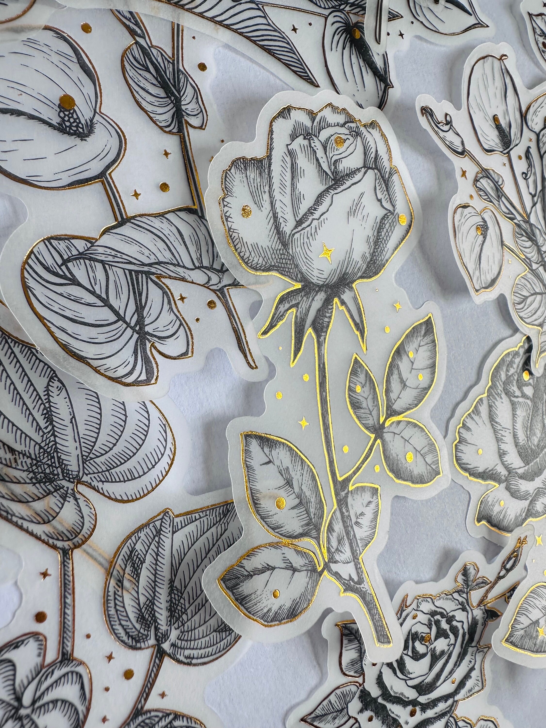 10 Black and White Gold Flower Sticker Pack | Paper Stickers, Gold ...