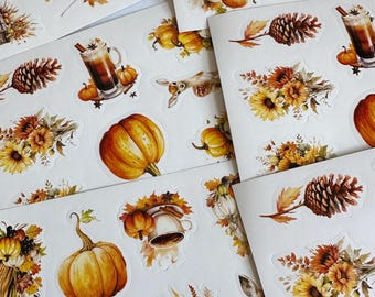Hoja de pegatinas de otoño. Pegatinas de planificador de bosque. Oso, calabaza, ciervo, erizo, hongo, hoja. Pegatinas de diario