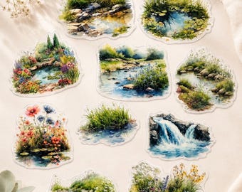 Nature pond Stickers Pack. 10 set waterfall  pond,  Forest Planner Stickers. Fall leaves, tree garden , oak, frog, water , lake