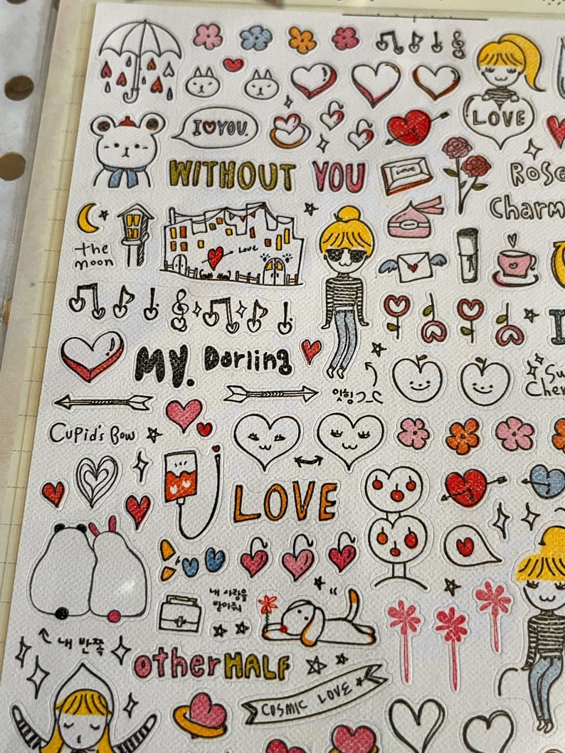Sonia J drawing love stickers , suatelier, tiny stickers, doodle stickers, journal, planner, scrapbook, phone case stickers, mail stickers, image 2
