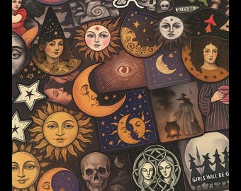 Sets of dark witch moon star stickers / celestial / lilac / sky and cloud stickers / planner stickers / witch stickers