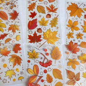 May include: A sheet of autumn-themed stickers featuring various leaves, acorns, and a pumpkin. The stickers are transparent and have a glossy finish.