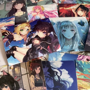 May include: A collection of anime-style stickers featuring various characters with different hairstyles, clothing, and backgrounds. The stickers are printed on glossy paper and have a vibrant color palette.