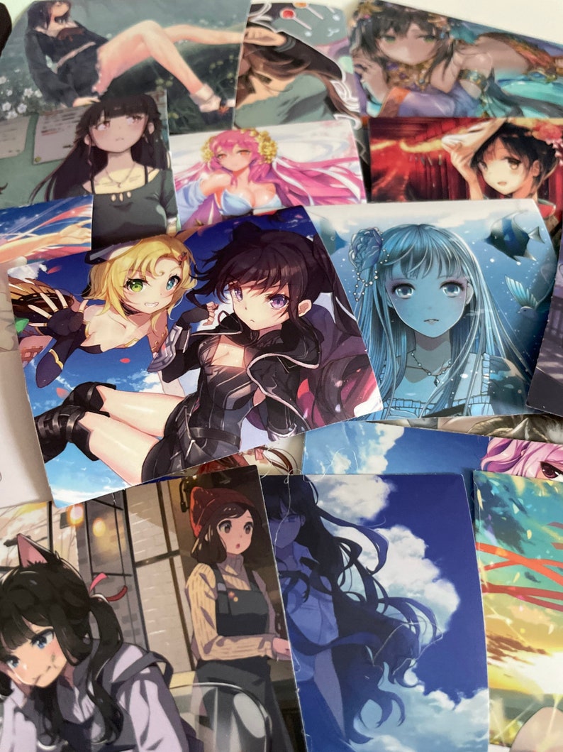 May include: A collection of anime-style stickers featuring various characters with different hairstyles, clothing, and backgrounds. The stickers are printed on glossy paper and have a vibrant color palette.
