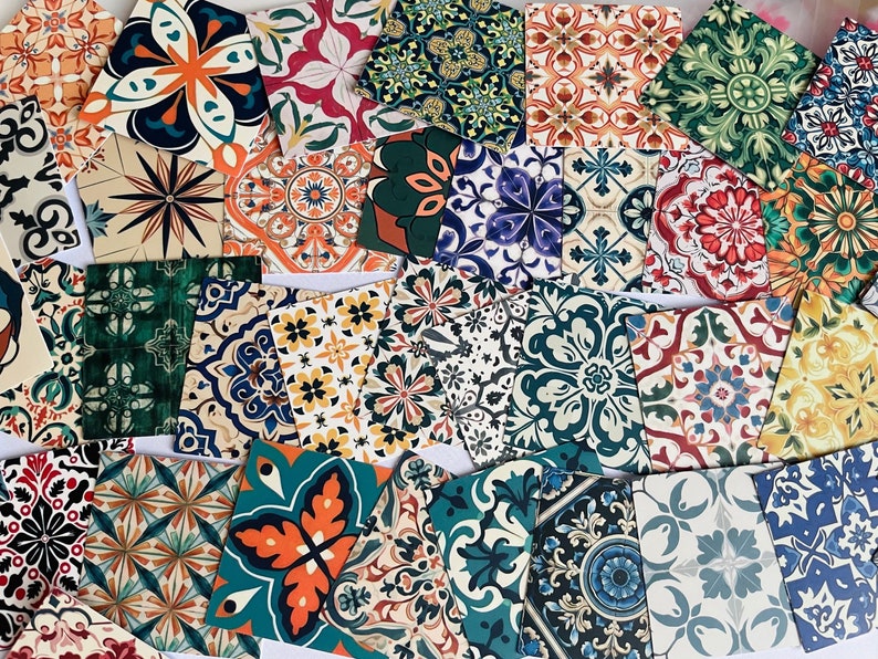 May include: Assortment of colorful ceramic tiles with intricate geometric patterns. The tiles feature a variety of colors, including blue, green, red, yellow, and white. The tiles are arranged in a random pattern, creating a visually appealing and eclectic design.
