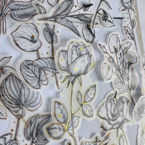 Confezione da 10 adesivi con fiori dorati in bianco e nero / adesivi di carta, fiori dorati, adesivi floreali in bianco e nero.