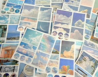 24 Aesthetic blue clouds stickers,  sun,  sunset orange grey themed stickers, bullet journal stickers, diary craft stickers