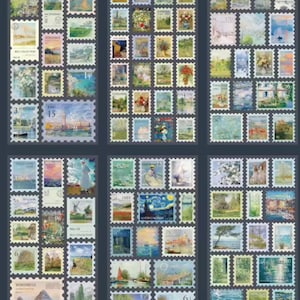Peut inclure: Une collection de timbres-poste représentant des peintures de paysages. Les timbres présentent diverses scènes, notamment des compositions florales, des vues côtières et des structures architecturales. La palette de couleurs comprend des verts, des bleus et des jaunes.