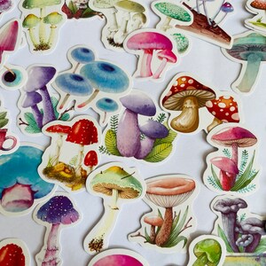 May include: A collection of colorful mushroom stickers with various designs and styles. The stickers feature different colors, shapes, and sizes of mushrooms, including red, blue, green, purple, and pink.