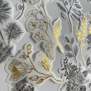 Confezione da 10 adesivi con fiori dorati in bianco e nero / adesivi di carta, fiori dorati, adesivi floreali in bianco e nero.