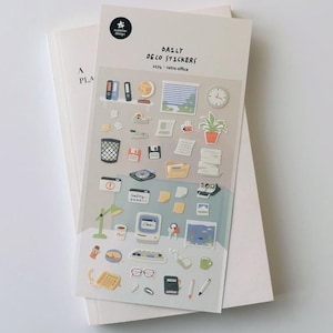 May include: A sheet of clear stickers featuring illustrations of office supplies and decor in a retro style. The stickers include a computer, a phone, a lamp, a potted plant, a clock, a globe, a waste bin, a stapler, a tape dispenser, a pencil, a pen, a paperclip, a notebook, a pair of glasses, a cup of coffee, a floppy disk, and more. The stickers are labelled "Daily Deco Stickers" and "132pc : retro office".
