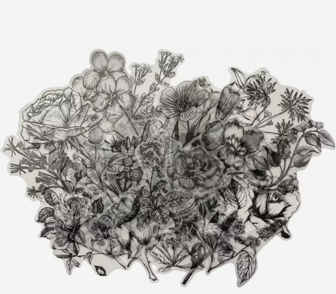 Grey Flowers Sticker Set, Black and White Wild Flower Bouquet Stickers ...