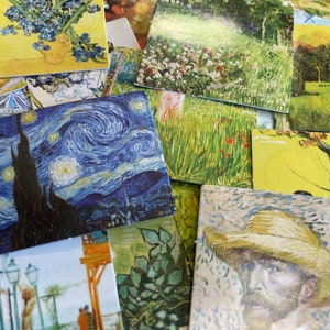May include: A collection of colorful, framed paintings featuring various styles and subjects, including a starry night sky, a field of flowers, and a portrait of a man with a straw hat.
