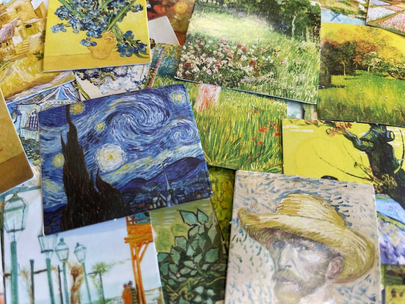 May include: A collection of colorful, framed paintings featuring various styles and subjects, including a starry night sky, a field of flowers, and a portrait of a man with a straw hat.