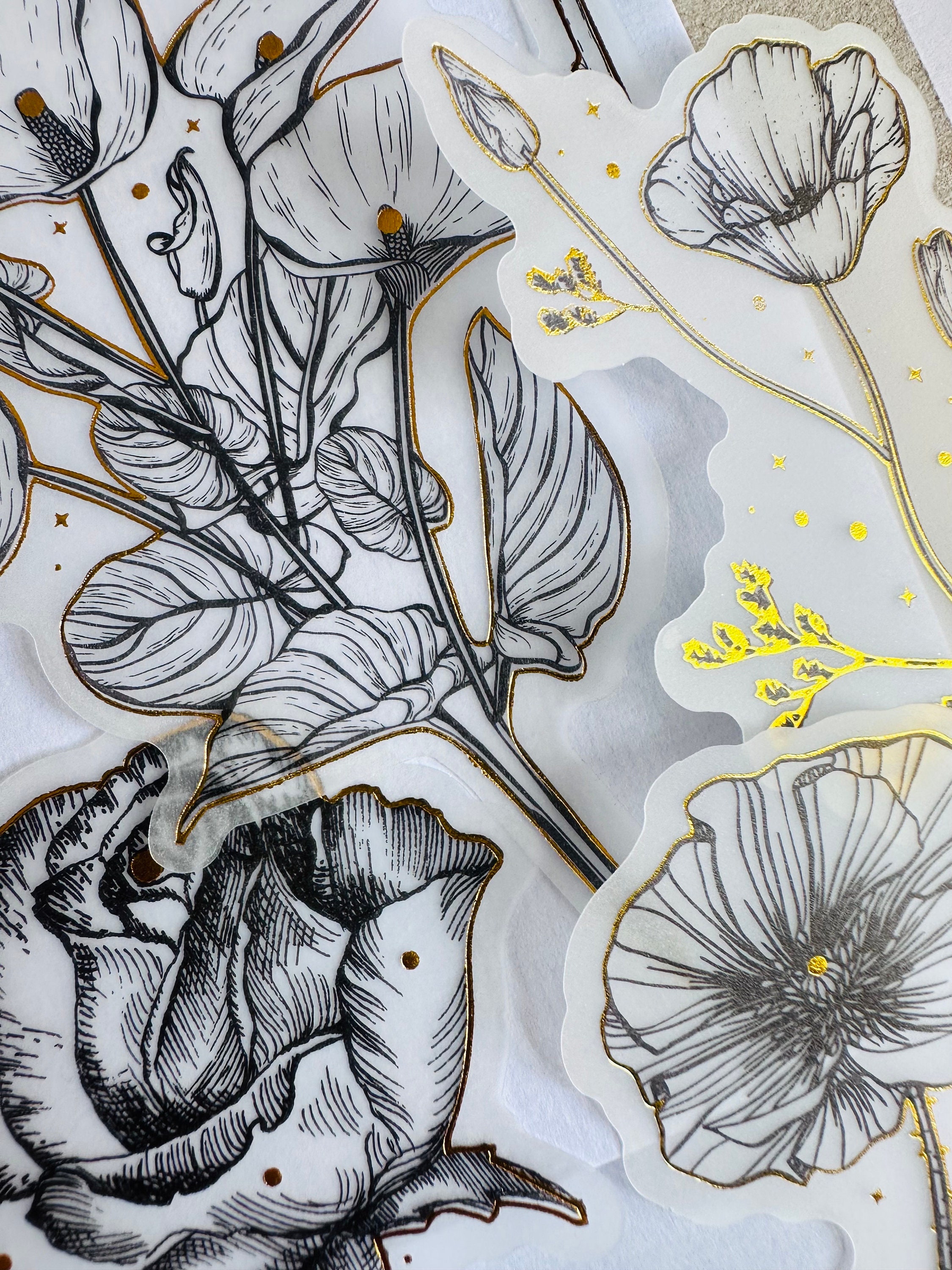 10 Black and White Gold Flower Sticker Pack | Paper Stickers, Gold ...
