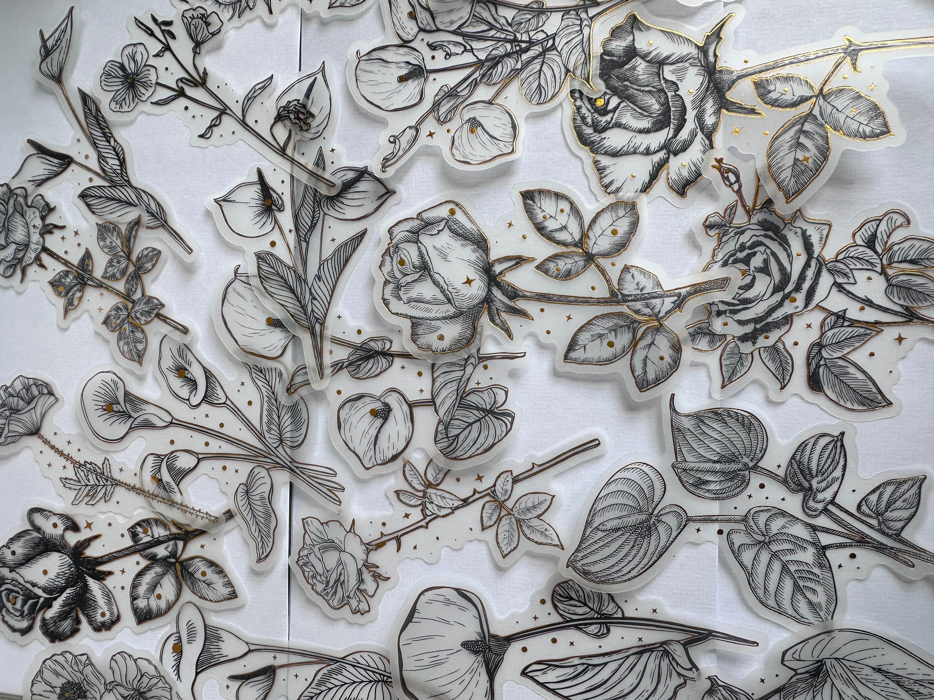 10 Black and White Gold Flower Sticker Pack | Paper Stickers, Gold ...