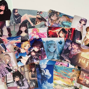 May include: A collection of anime character stickers featuring various characters with different hairstyles, clothing, and poses. The stickers are printed on white paper and have a glossy finish.