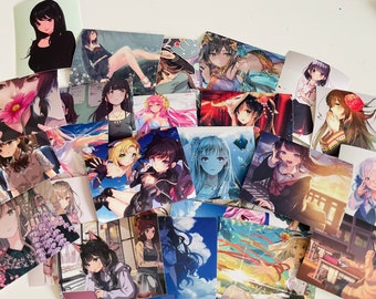 May include: A collection of anime character stickers featuring various characters with different hairstyles, clothing, and poses. The stickers are printed on white paper and have a glossy finish.